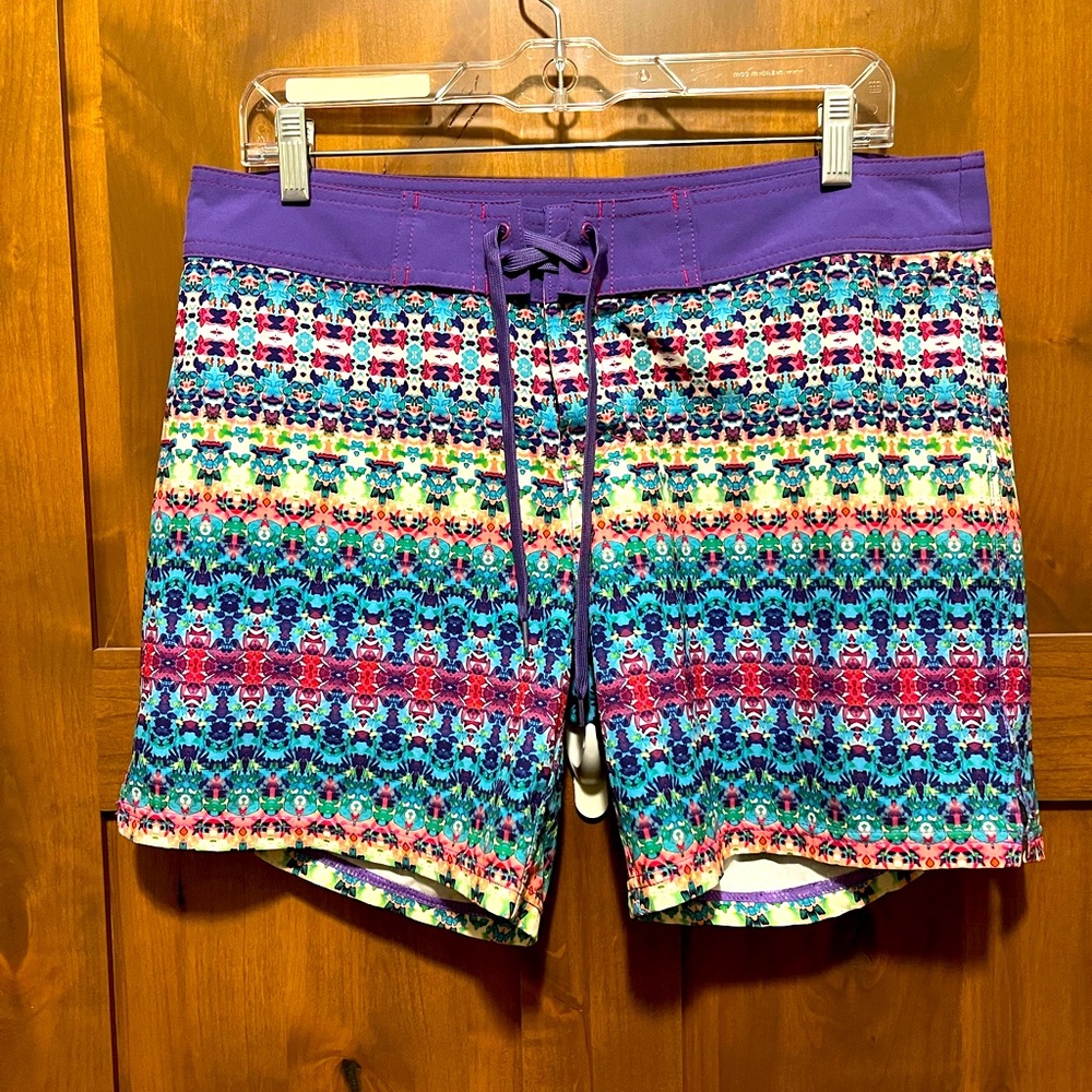 Prana Multicolor Geometric Board Shorts with Purple Waistband